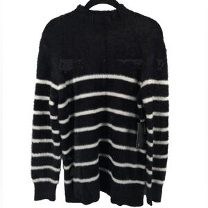 NWT BAILEY/44 Mock Nk Pullover Striped Sweater Teddy Soft Cozy Black/White SMALL